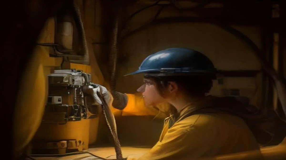 Technician connecting a network cable to a mining machine in a clean facility, hands and ports in focus