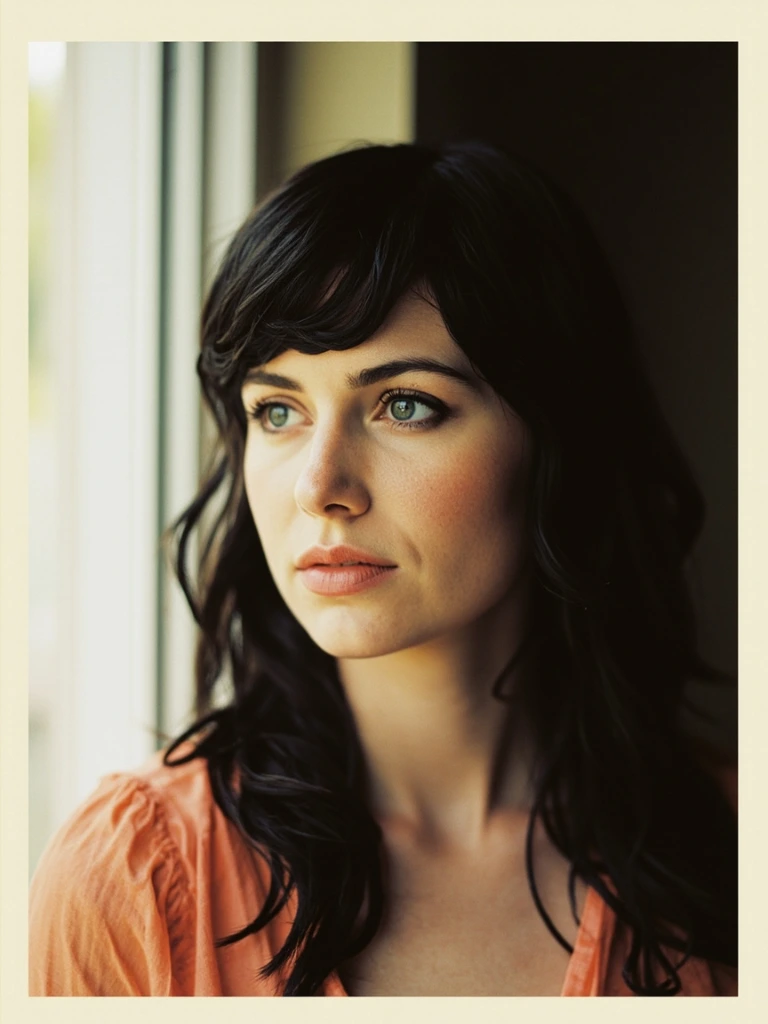 A museum-mounted archival portrait of Zooey Deschanel from the early 2000s, presented as a printed photograph.