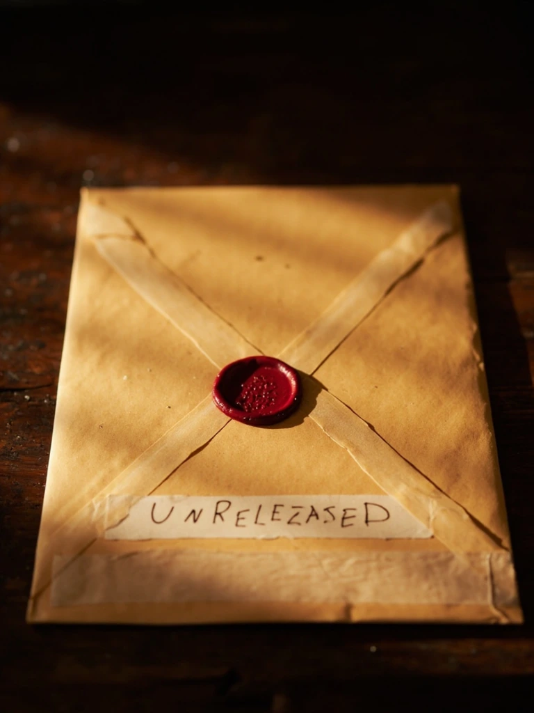 A sealed archival envelope labeled Unreleased, indicating the private unreleased photographs collection.
