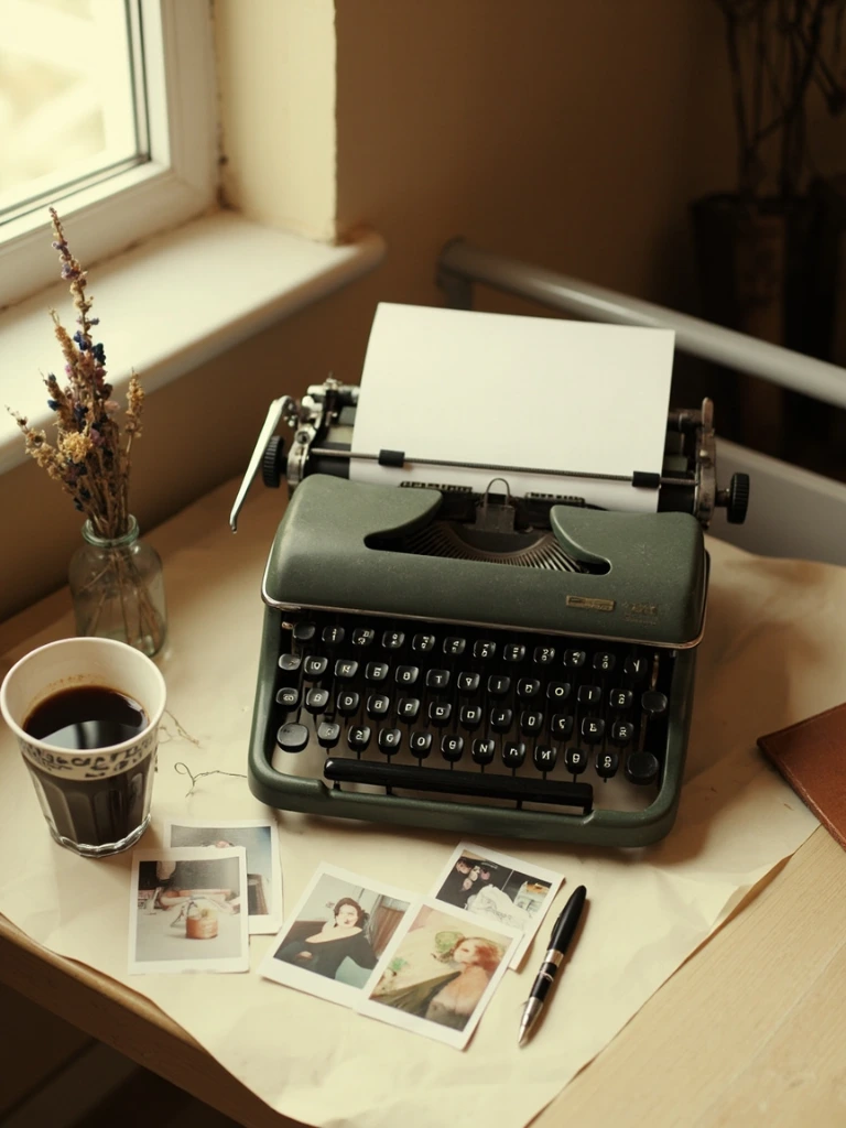 A vintage typewriter surrounded by polaroids, coffee, and a handwritten notebook — the editorial desk of the fan network.