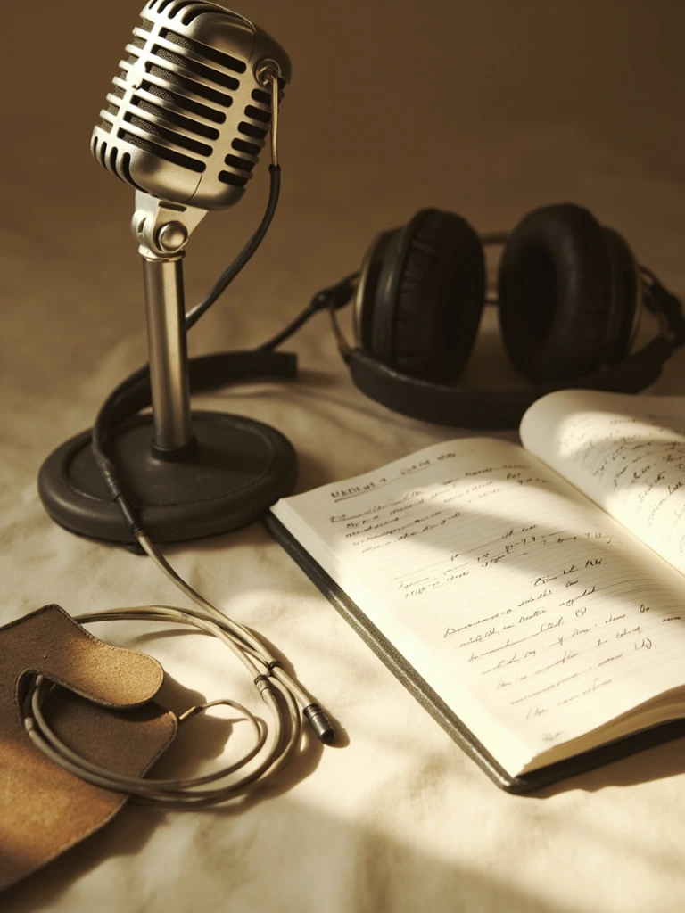 A vintage broadcast microphone resting on a cream-paper desk beside an open notebook of handwritten show notes