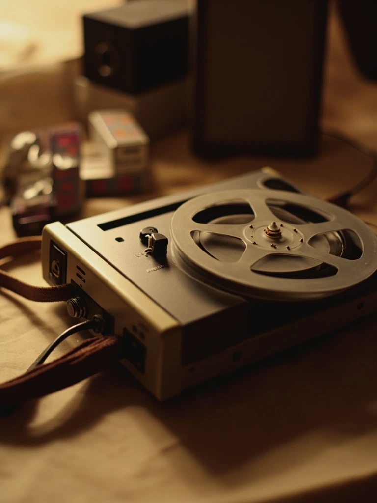 A vintage reel-to-reel tape recorder on a cream-paper studio desk with cassette boxes