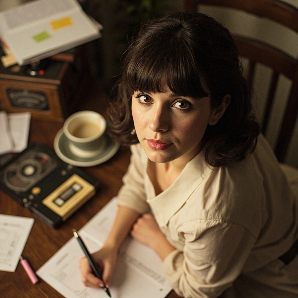 A desk covered with transcripts, a tape recorder, and notes — the working surface of the interviews desk
